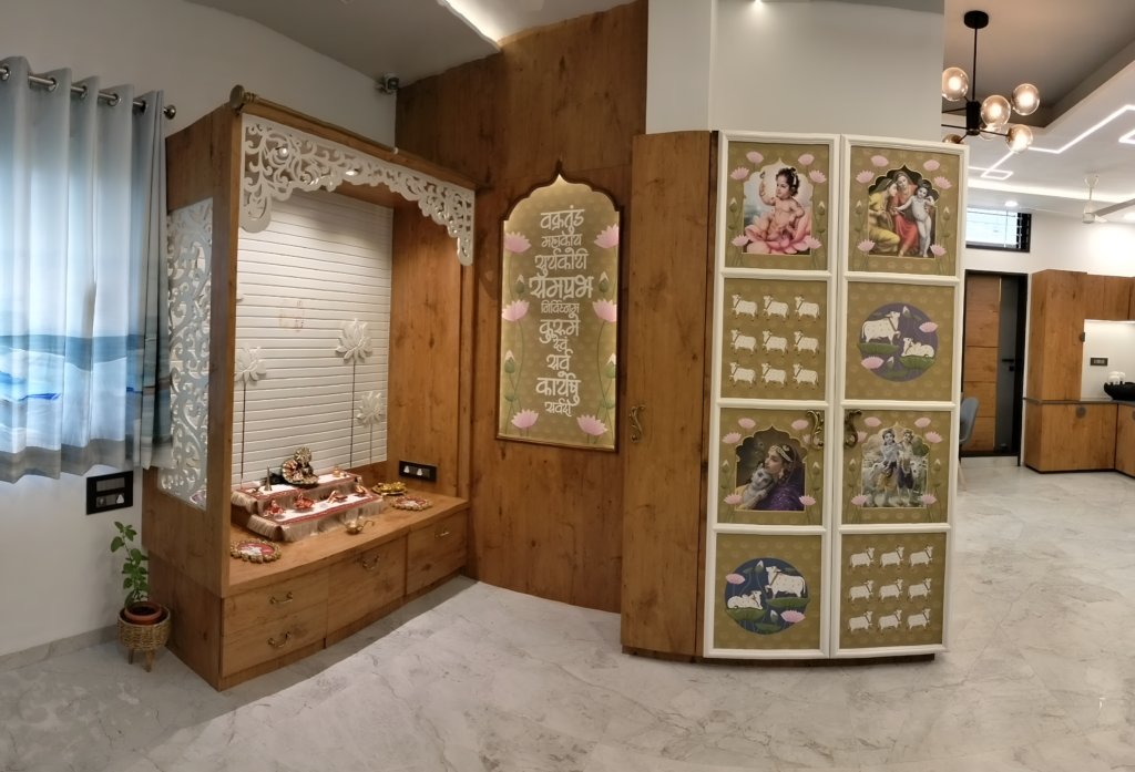 Home puja room with traditional wooden mandir, deities, and puja essentials